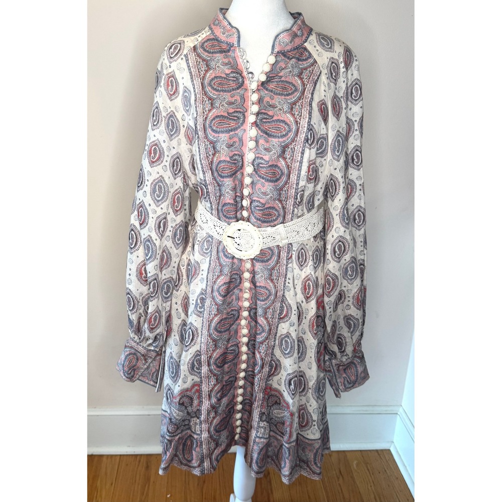 Zimmermann Paisley Linen Mini Dress Pink Blue Boho Belted Crochet Button XL 4